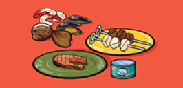 shellfish, steak, skewers, can of tuna